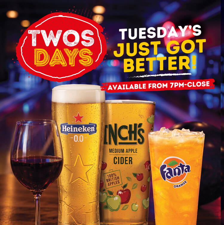Twosday bowling offer at Superbowl UK {word} £2off drinks